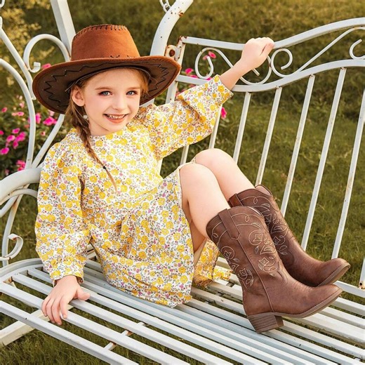 Cowgirl Brown Boots For Girls Mid Calf Youth Girl Cowboy Western Boots Pointed Toe Embroidered For Horse Riding Country Party Toddler Little Big Kids
