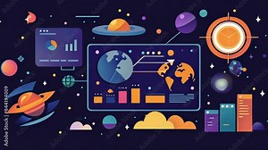 The ultimate data exploration experience allowing users to travel through time and space discovering and analyzing data from different eras and locations.. 2d flat cartoon