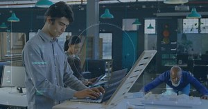 Animation of scope scanning and data processing over diverse business people. Global business, finances and digital interface concept digitally generated video.