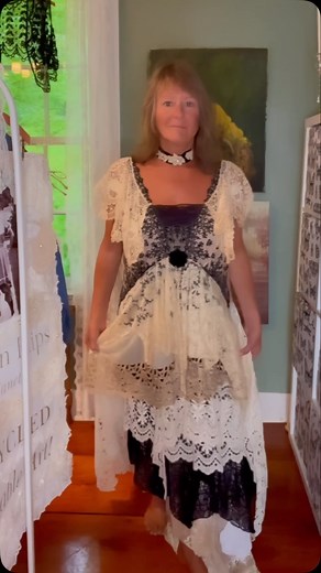 114 reactions · 59 comments | I rarely do this… Lol, just me in one of my scrappy gown creations made from many vintage textiles. I had an Etsy customer request to see it on a person, and I was the only one around. 藍 no pattern, just create as I go. This one is extremely stretchy, but also fragile with the antique lace. | Janet Fawber Verney | Facebook