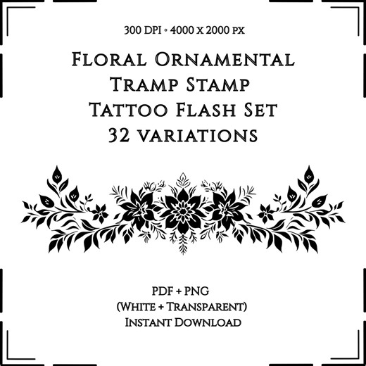 Floral Ornamental Tramp Stamp Tattoo Flash Set | Symmetrical Blackwork Designs - Etsy