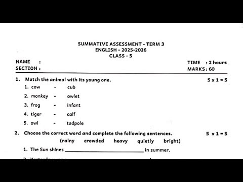 5th std English question paper term 3 SUMMATIVE ASSESSMENT-TERM 3 ENGLISH-2025-2026 CLASS-5 English