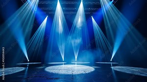 Dramatic lighting setup illuminates an empty stage for an evening performance at a downtown theater