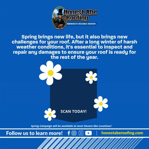 Spring Into Action - Protect Your Roof! Spring is a season of new beginnings, but it also brings new challenges for your roof. Harsh winter weather can leave behind hidden damage-loose shingles, leaks, and wear that put your home at risk. At Honest Abe Roofing, we believe in truth, transparency, and reliability. That means no surprises-just honest inspections and real solutions to keep your roof strong and secure. Don't wait for April showers to reveal winter's damage. Schedule your spring roof 
