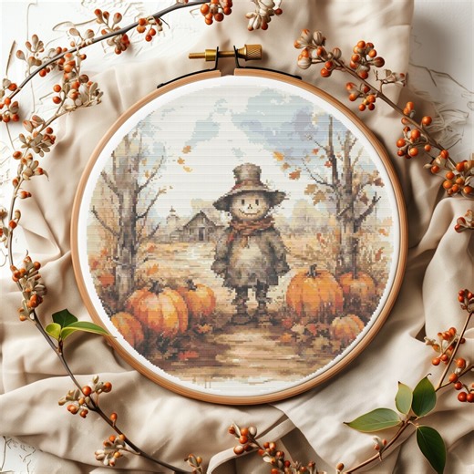 Fall Cross Stitch Pattern With Spooky Pumpkins, Counted Cross Stitch Pdf, Halloween Embroidery Designs, Watercolor Cross Stitch Pdf - Etsy