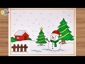 Christmas drawing Easy Step by Step Tutorial | Christmas Tree drawing snowman drawing رسم الكريسماس