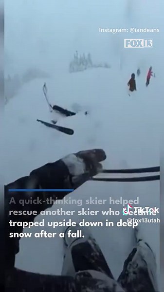 SKI RESCUE- A quick-thinking skier helped rescue another skier who became trapped upside down in deep snow after a fall. Ian Deans, who captured the video, said the skier appeared to veer off to the side before getting stuck in the deep powder. Deans quickly rushed over and helped dig the skier out, clearing his airway and freeing him from the snow. The incident happened Friday morning at The Summit at Snoqualmie in Snoqualmie Pass, Washington. #fox13news #SaltLakeCity #SKI
