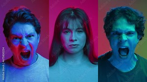 Portrait of People Scream on Camera in Neon Colored Light of Close Up Studio Shot. Yelling Husband in Multiscreen Split Collage of Partners Conflict. Unhappy Man Shouts on Pretty Woman in Mad Fighting