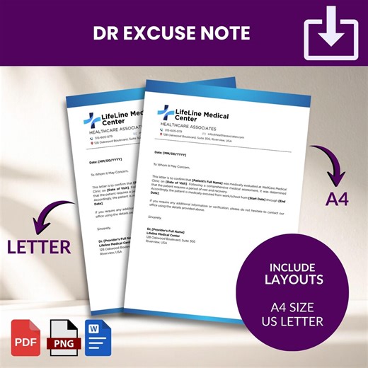 Editable Doctor Excuse Note Template | Medical Absence Form (A4 & US Letter) (Digital Download)