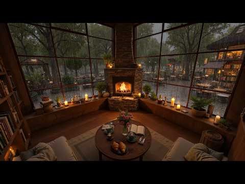 Panoramic Window Library Cafe ☕ Calming Jazz Piano Music & Crackling Fireplace for Stress Relief