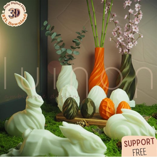3D Printable Spring Easter Rabbit Egg Vase Bundle STL Files Support Free Home Decor - Etsy