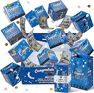 WATINC Graduation Explosion Gift Box - 16pcs Graduate Surprise Gift Boxes Exploding for Money, 12 Bounces Explosion Present Boxes with Confetti, Blue White Pop Out Cash Holder for Congrats Grad Party
