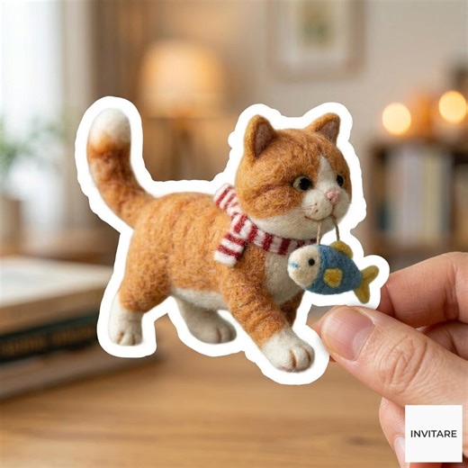 Adorable Needle Felted Cat Sticker | Unique Felt Art Decor | Gift for Family - Etsy