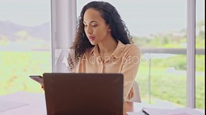 Remote work, happy woman with laptop and phone call for networking, planning and discussion for project manager. Smile, cellphone and home office, virtual assistant or planner at desk with computer.