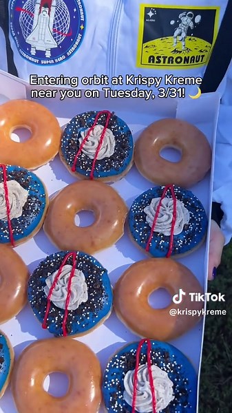 A historic orbit around the moon calls for a sweet celebration! 🌙 Introducing our NEW Artemis II doughnut collection, inspired by the Artemis II mission — landing at a Krispy Kreme near you on Tuesday, 3/31 for a limited time! 🌑 Artemis II Doughnut: blue icing, OREO® cookie crunch, cookies & creme buttercream, and red icing @NASA what milestone are you most excited about? 🚀 #KrispyKreme #Doughnut #Artemis #Space #NASA