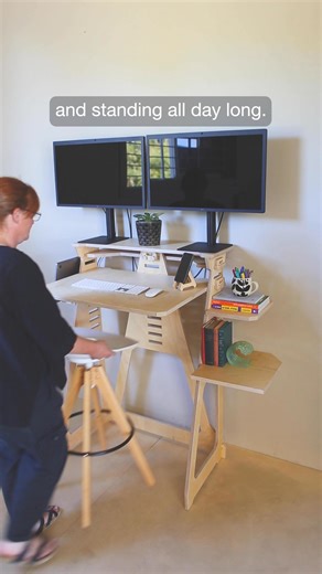 Small space but need 2 monitors on your desk? Our WFH Desk fits perfectly in just 4ft, with room for two 27" screens and a laptop dock. Use a tall chair to sit comfortably without adjusting the height, and tuck it away when you stand. Discover a smarter way to work—explore now. | Working from Home Desks