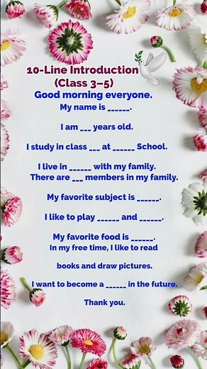 10 Lines Self Introduction in English | Introduction for Class 3-5 | Interview Introduction #shorts