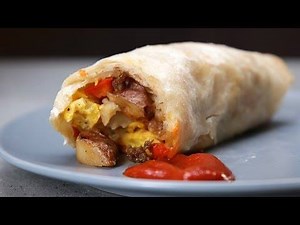 Frozen Breakfast Burritos Here’s what you will need: Bacon Sausage Baby Red Potatoes /quartered 1 Red Pepper /chopped 1 Yellow Onion /chopped Salt and Pepper 10 Eggs - beaten 1 Bag Shredded Cheese 1 Bunch Green Onions /sliced Flour Tortillas Parchment Paper Directions: In a large skillet over medium heat, cook bacon (in batches if necessary) until crispy. Remove the bacon to a paper towel lined plate - leave to cool. In the same skillet - using leftover bacon grease (drain some if necessary) add