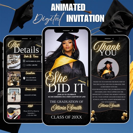 Digital Graduation Invitation Template|class of 2026 Party Invite|editable Congrats Grad Flyer|black & Gold Evite|graduation Announcement - Etsy