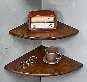 Corner Shelves, Floating Corner Shelf, Set of 2 7inch Solid Oak Wood Corner Wall Shelves, Round End with Wire Hole for Small Plant for Bedroom Kitchen, Living Room