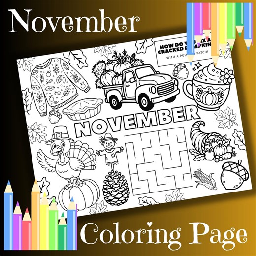 November Coloring Page for Kids, Fall, Harvest, Thanksgiving, Placemat Printable Activity, Months of the Year - Etsy Canada