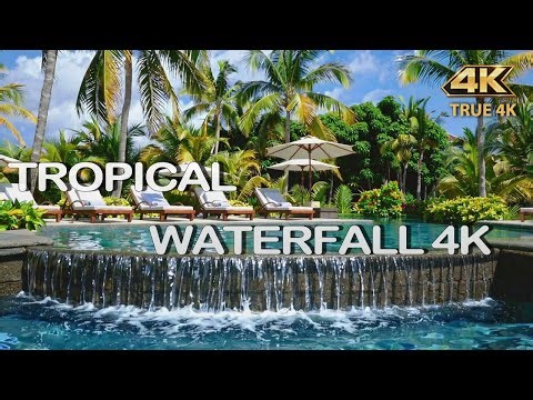 4K Tropical Pool Waterfall Paradise 🌴 | Relaxing Music for Sleep & Living Painting
