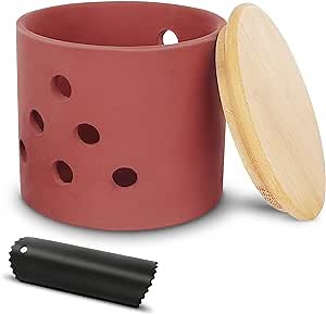 Garlic Keeper,Vented Clay Garlic Storage Container Saver with Bamboo Lid and 12 Air Vent,Reserve for Garlic, Onion, Lemon, Patato or Ginger