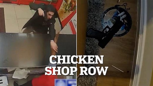 Moment thug threatens a chicken shop worker with a fake gun