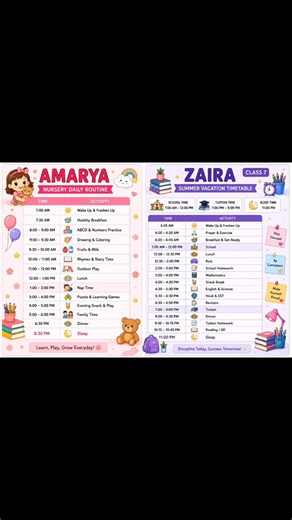 Nursery & Class 7 Daily Timetable 📚 | Amarya & Zaira Study Routine | School, Tuition & Summer Vacati