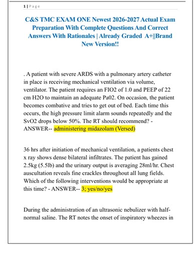 CS TMC EXAM ONE Newest 2026 2027 Actual Exam Preparation With Complete Questions And Correct Answers With Rationales