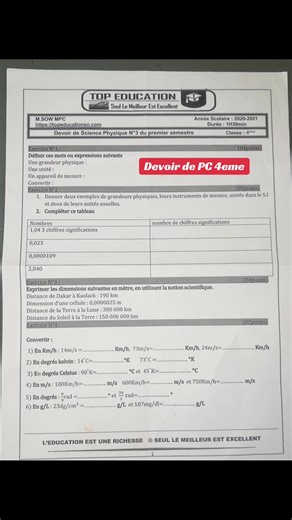 Devoir de pc 4eme portant sur les grandeurs physiques et mesures