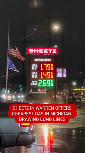 CHEAP GAS⛽️: A Sheetz location in Warren is drawing long lines after being the cheapest gas in Michigan. Read more details: https://themetrodetroitnews.com/sheetz-in-warren-offers-cheapest-gas-in-michigan-drawing-long-lines/ | Metro Detroit News