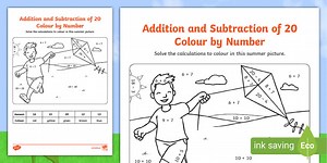 Summer-Themed Addition and Subtraction to 20 Colour By Number Worksheet