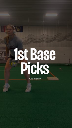 🚨Covering First Base as a Righty 🚨 DISCLAIMER - Yes, turning glove side is probably faster and can be utilized when you’re not expecting the throw. If you are expecting the throw, we should turn towards the field to keep the runner in our viewpoint in case they take off for second (especially for my younger athletes). Ever had a runner delay steal second because the first basemen had her back to the runner? This footwork will help fix that! Let me know what you think in the comments ⬇️ #softba