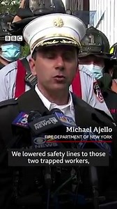 Two workers have been safely rescued from the side of a New York City building, after scaffolding collapsed and left them dangling precariously. bbc.in/3iDYKip | BBC News