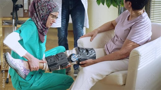 Young Muslim nurse wearing hijab helps to put a bondage, knee brace, medical splint on the leg of an elderly female patient who communicates with the attending physician at the clinic or hospital