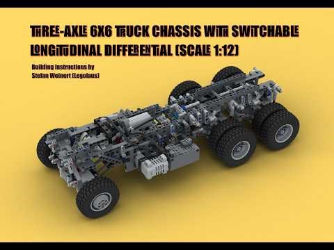 Lego MOC 255826 Three-axle 6x6 truck chassis with switchable longitudinal differential (Scale 1:12)