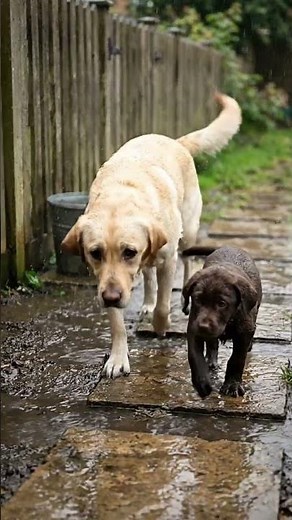 Labrador and Puppy Walk Through Spring Rain Together
