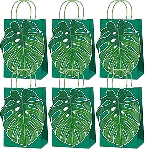 12PCS Hawaiian Gift Bags Luau Party Favor Gift Bags Bulk Hawaiian Tropical Goodie Bags with Handles Summer Palm Leaves Luau Goodie Treat Box for Aloha Festival Beach Birthdays Parties Supplies Decor
