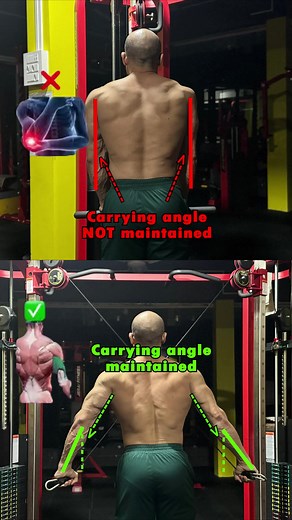 Explanation Doing a convetional rod pushdown may cause elbow ache in few that because rod being a narrower grip this leads to elbow maintain since the normal carrying angle of the elbow does not maintained and this puts tangential forces on the elbow joint which can easily be avoided by taking a cross body cable pushdown as this maintains the the carrying angle and thus reduces the tangential forces on the elbow joint. #triceps #biceps #fitness #gym #bodybuilding #workout #fitnessmotivation #abs