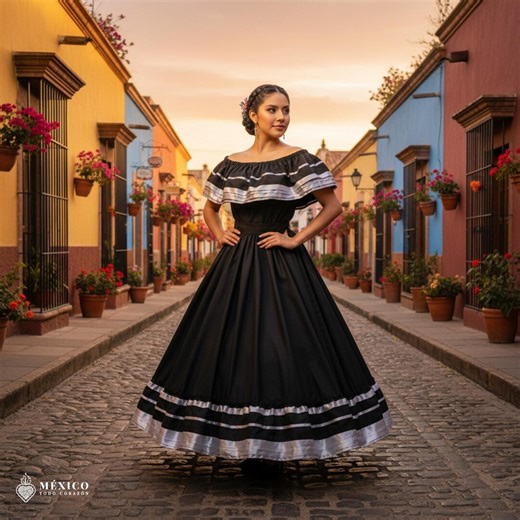 Black & Silver Traditional Mexican Dress Set – Double Layer Skirt Folklore Outfit - Etsy