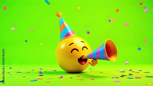 Joyful emoji celebrating with party hat and horn amidst falling confetti, pure happiness