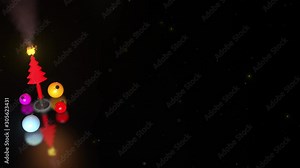 Christmas tree candle burning with colorful Christmas balls around it, particles floating, fire and smoke effect and reflections 3D animation top left view.