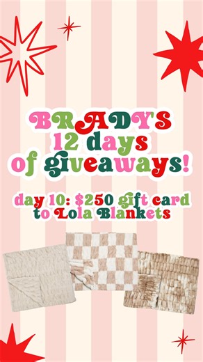 Brady Lockerby on Instagram: "☁️ DAY 10 OF BRADY’S 12 DAYS OF GIVEAWAYS ☁️ Today I’m gifting 3 of you a $250 gift card to @lolablankets RULES TO ENTER: • Make sure you’re following me @bradylockerby • Like this video • Drop a comment telling us your Christmas Eve family tradition! 🎄 • must be 18 years or older and located in the US only This giveaway ends tomorrow at 11am EST + I’ll dm the winners for their info!! ✨good luck ✨ ** this giveaway is in no way associated with any of the above menti