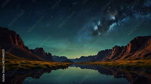 A river that seems to flow with liquid stars, winding through a valley of rolling hills and strange rock formations. river reflect the sky, mirror-like effect, 4K High-Quality wallpaper animation vide