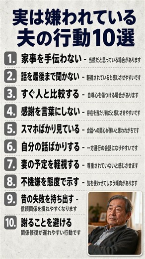 実は嫌われている夫の行動10選#シニア恋愛 #夫婦関係 #熟年離婚 #シニア #50代 #60代 #70代 #人生相談 #夫の行動 #嫌われる夫 #夫婦のすれ違い #家庭内の不満