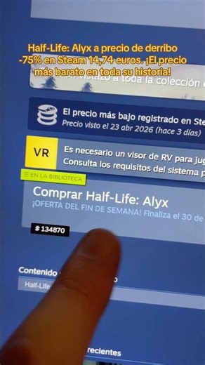 Half-Life: Alyx a precio de derribo -75% en Steam 14,74 euros. ¡El precio más barato de su historia!