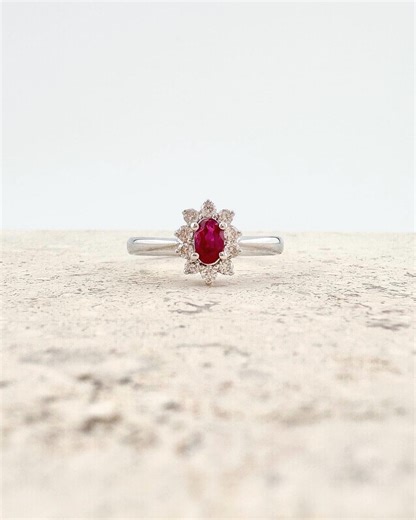 Genuine Oval Ruby and Diamond Solaris Halo Ring | 18k Solid White Gold - Etsy