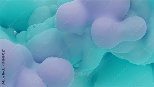 Abstract fluid motion with purple bubbles and blue water. Dynamic organic shapes shifting and merging for a modern background.