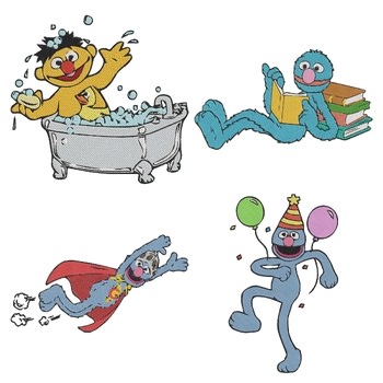 Sesame Street Muppets Ernie In Bathtub Grover Reading Super Grover Bert Balloons